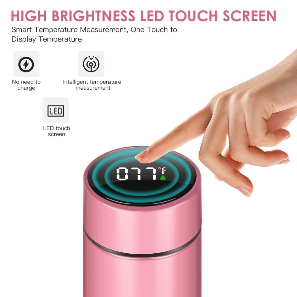 Pink 500ml Smart LED Temperature Display Water Bottle, Double Wall Vacuum Insulated Flask,