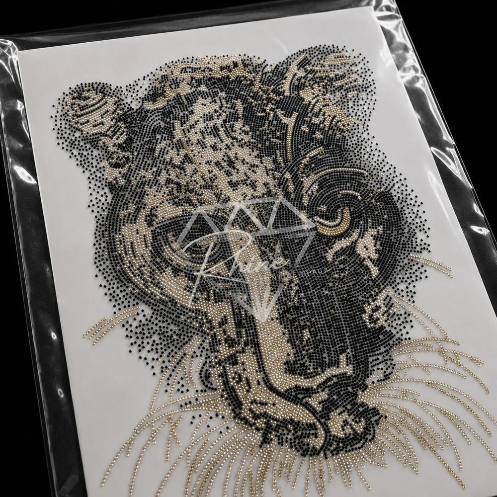 Leopard Panther Head Rhinestone Hotfix Sticker Black And Gold Iron-On Transfer