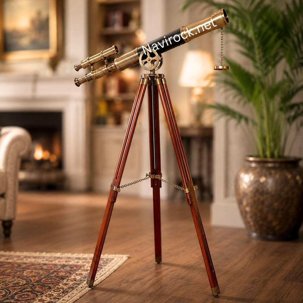 Antique Style Double Barrel Brass Telescope Floor Stand with Adjustable Wooden Tripod