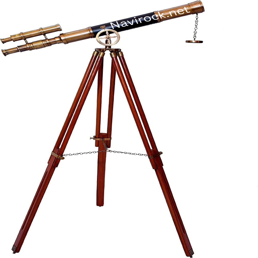 Antique Style Double Barrel Brass Telescope Floor Stand with Adjustable Wooden Tripod