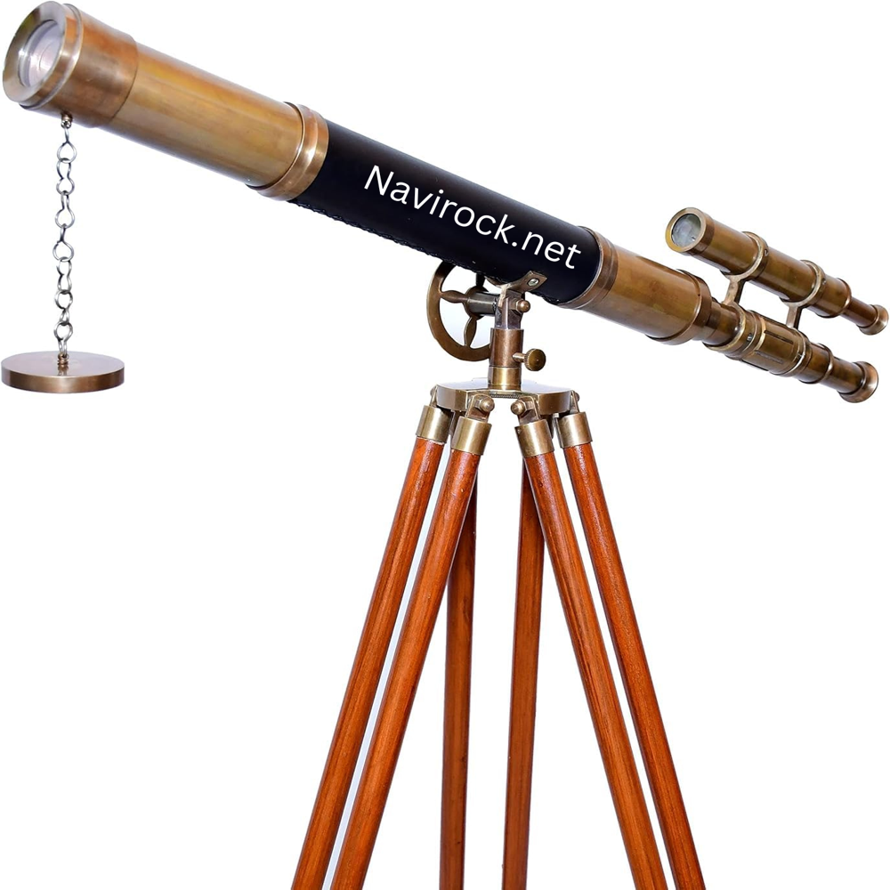 Antique Style Double Barrel Brass Telescope Floor Stand with Adjustable Wooden Tripod
