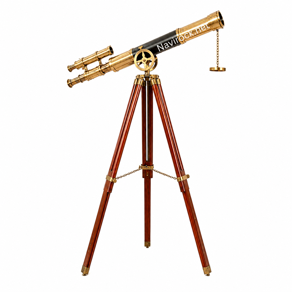 Antique Style Double Barrel Brass Telescope Floor Stand with Adjustable Wooden Tripod