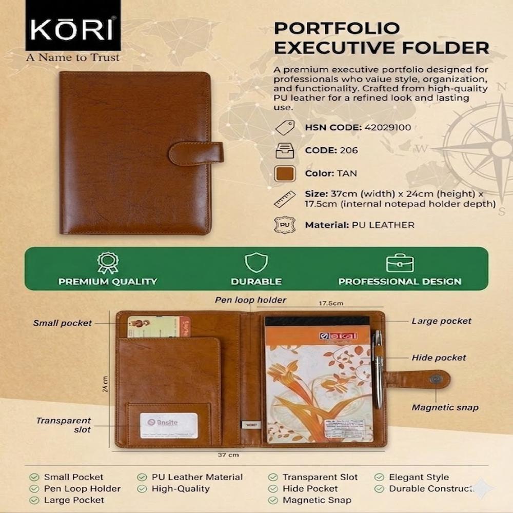 KORI Premium Leather Organizer Folder with Magnetic Closure & Notepad Holder(206)