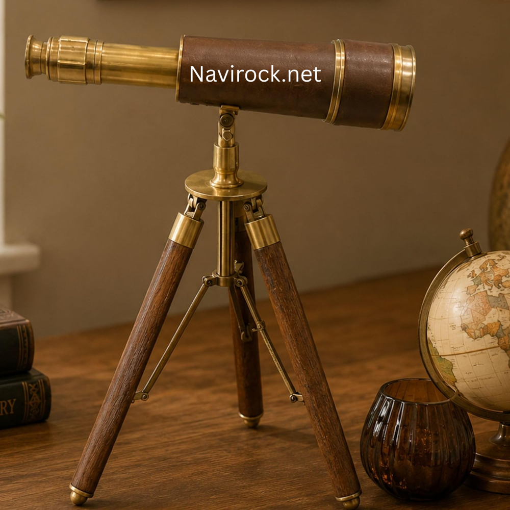 Classic Marine Antique Telescope Black Leather & Brass Finish Spyglass with Brown Wooden Tripod for Home Decor