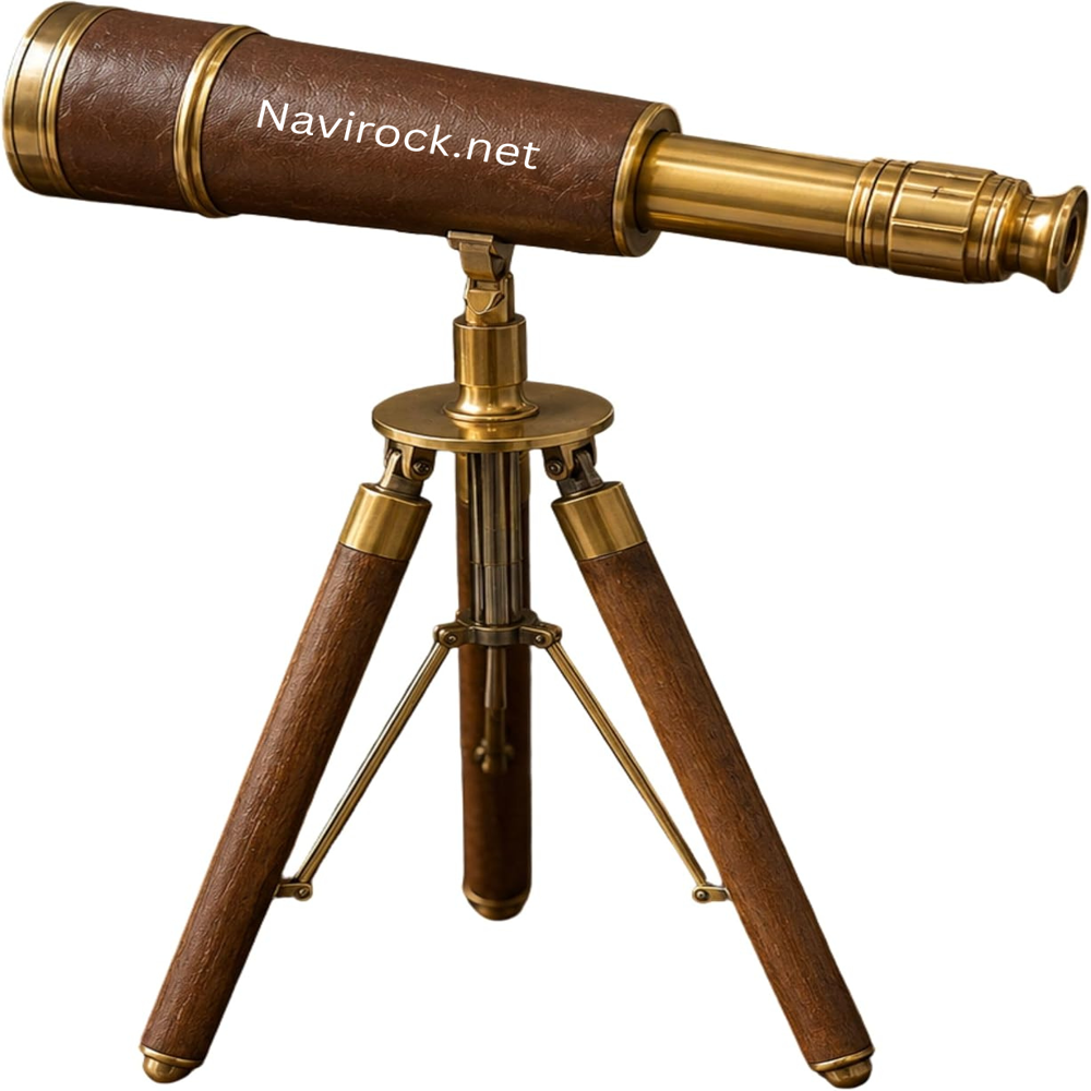 Classic Marine Antique Telescope Black Leather & Brass Finish Spyglass with Brown Wooden Tripod for Home Decor