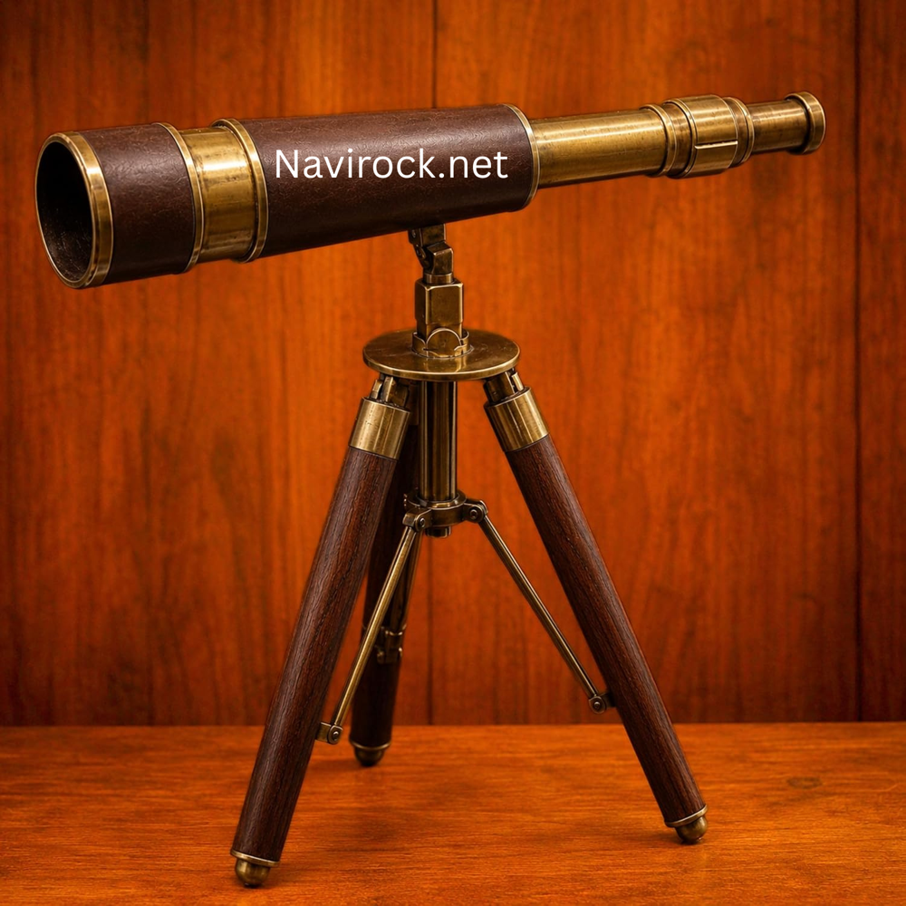 Classic Marine Antique Telescope Black Leather & Brass Finish Spyglass with Brown Wooden Tripod for Home Decor