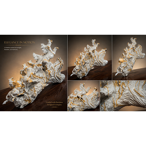 Luxury White & Gold Running Horse Sculpture
