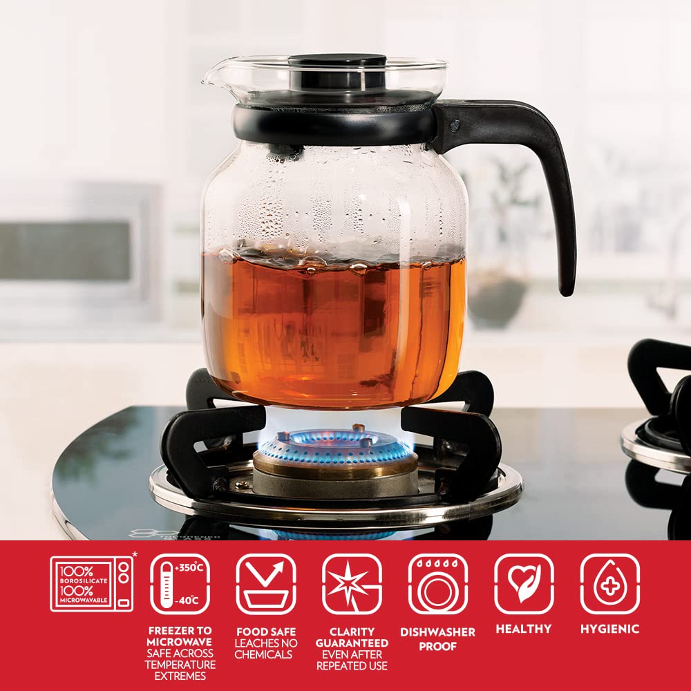 Borosil Classic Glass Tea Set, Flame Proof & Microwave Proof, Clear Carafe Flame Proof Glass Kettle with Strainer 1 L IH11KF09210
