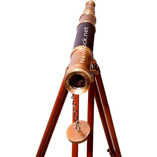 Vintage Marine Sailor Telescope on Wooden Tripod Stand Black Leather Wrapped Spyglass for Office & Home Decor