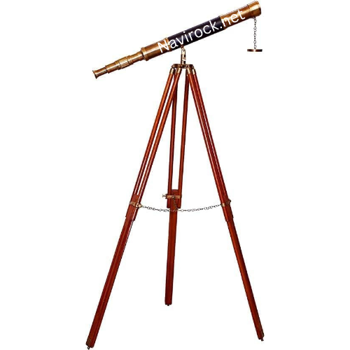 Vintage Marine Sailor Telescope on Wooden Tripod Stand Black Leather Wrapped Spyglass for Office & Home Decor