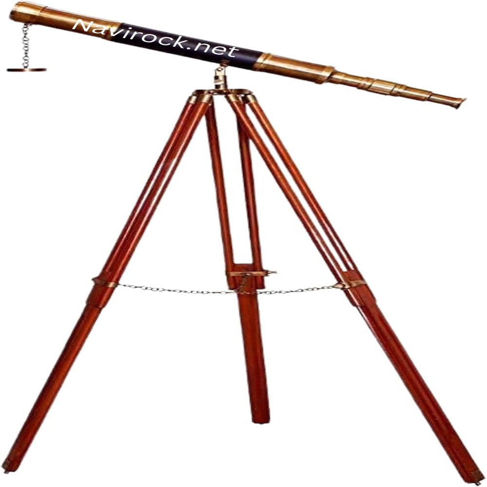 Vintage Marine Sailor Telescope on Wooden Tripod Stand Black Leather Wrapped Spyglass for Office & Home Decor