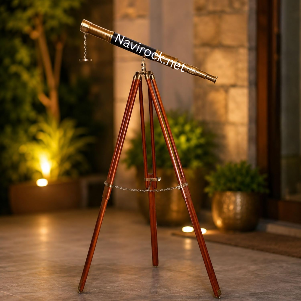 Vintage Marine Sailor Telescope on Wooden Tripod Stand Black Leather Wrapped Spyglass for Office & Home Decor