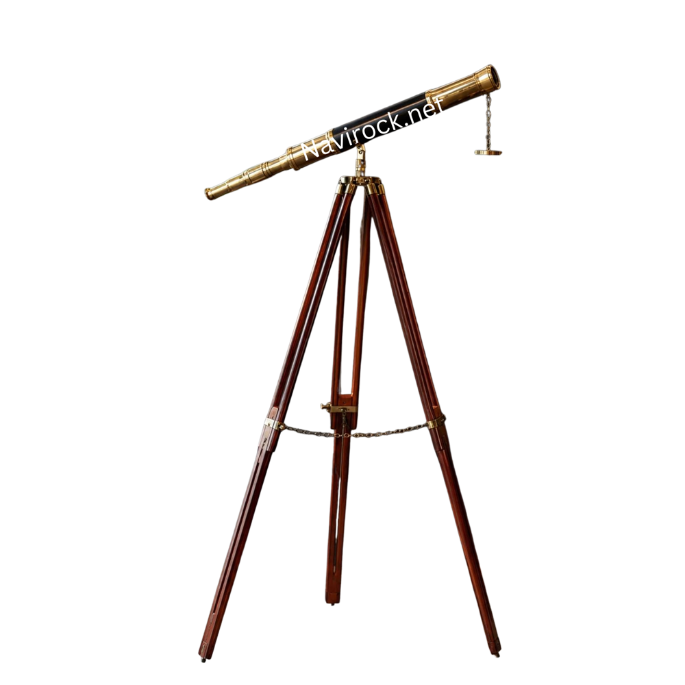 Vintage Marine Sailor Telescope on Wooden Tripod Stand Black Leather Wrapped Spyglass for Office & Home Decor