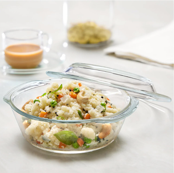 Borosil Casserole with Lid | Borosilicate Glass Bakeware & Serveware Bowl | Microwave, Dishawasher & Oven Safe Multipurpose Bowl for Mixing Dough, Salad, Batter 700 ML  BGFGBCAS0002