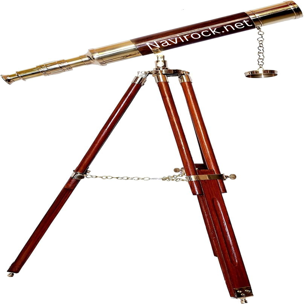 Handmade Nautical Brass Spyglass Telescope with Adjustable Wooden Tripod Stand