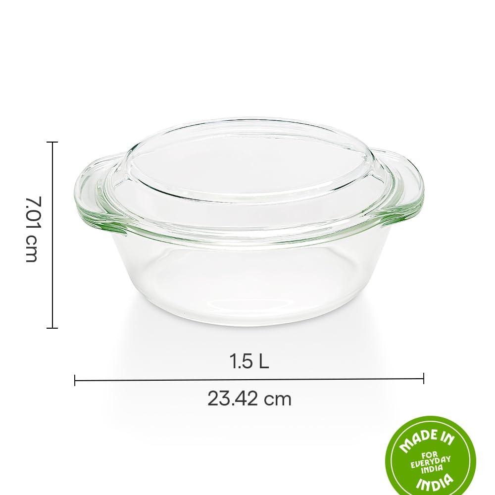 Borosil Oven and Microwave Safe Glass Serving Casserole Bowl with Glass Lid 1.5L, Transparent  BGFGBCAS0004
