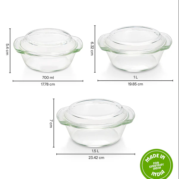 Borosil  Round Casserole Set of 3 with Lid 700ml + 1 Litre + 1.5 Litre BGFGBCAS0006