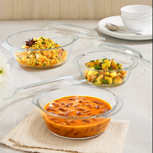 Borosil  Round Casserole Set of 3 with Lid 700ml + 1 Litre + 1.5 Litre BGFGBCAS0006