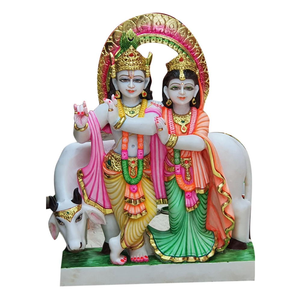 Multicolor Painted Radha Krishna Marble Statue
