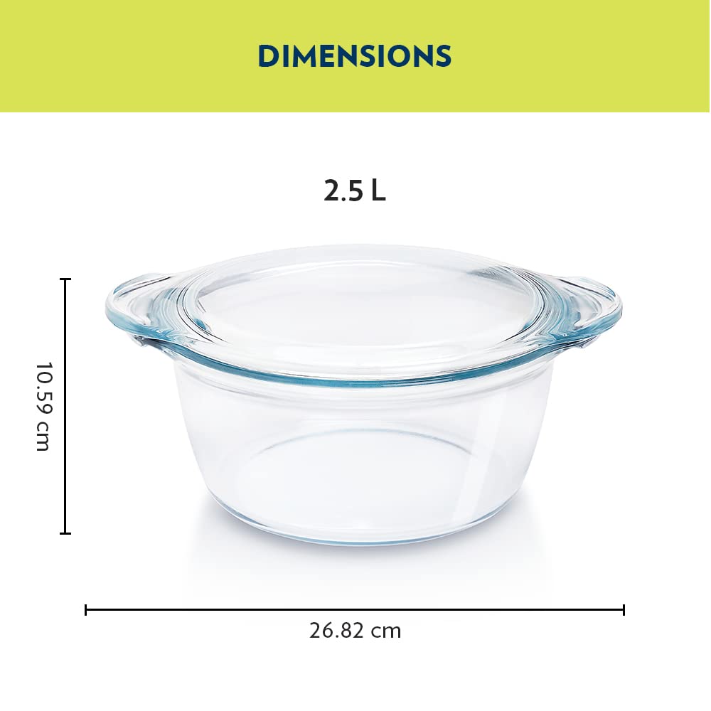 Borosil Casserole with Lid | Borosilicate Glass Bakeware & Serveware Bowl | Microwave, Dishawasher & Oven Safe Multipurpose Bowl for Mixing Dough, Salad, Batter 2.5L  IH22CA14225
