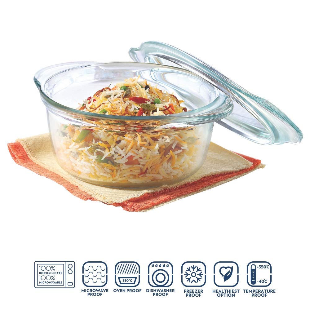 Borosil Casserole with Lid | Borosilicate Glass Bakeware & Serveware Bowl | Microwave, Dishawasher & Oven Safe Multipurpose Bowl for Mixing Dough, Salad, Batter 2.5L  IH22CA14225
