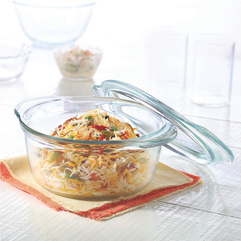 Borosil Glass Casserole Oven and Microwave Safe Serving Bowl with Glass Lid, 1.75L, Transparent IH22CA13701