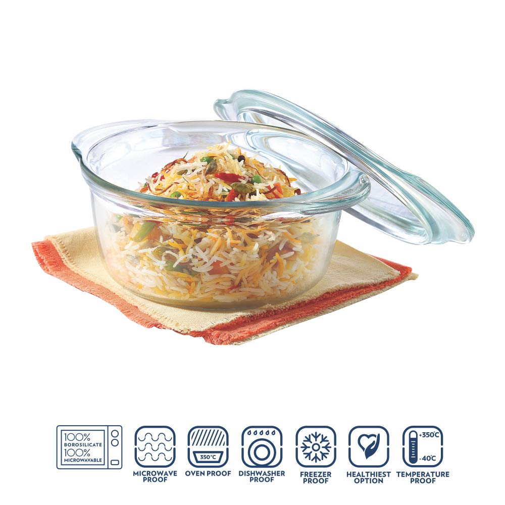 Borosil Glass Casserole Oven and Microwave Safe Serving Bowl with Glass Lid, 1.75L, Transparent IH22CA13701