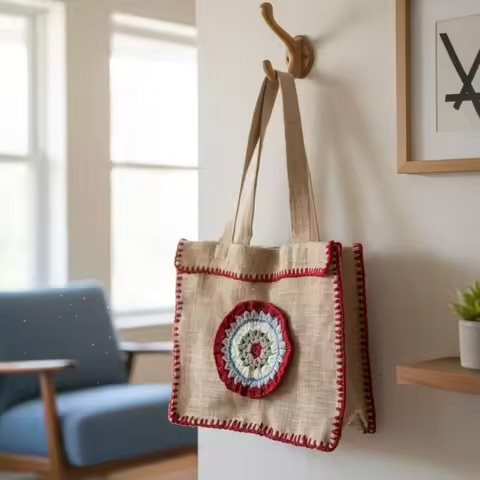 Indian Exporter Stylish Geometric Design Jute Tote Bag Fashion Carry Bag for College Students Daily Use Available at Good Pri