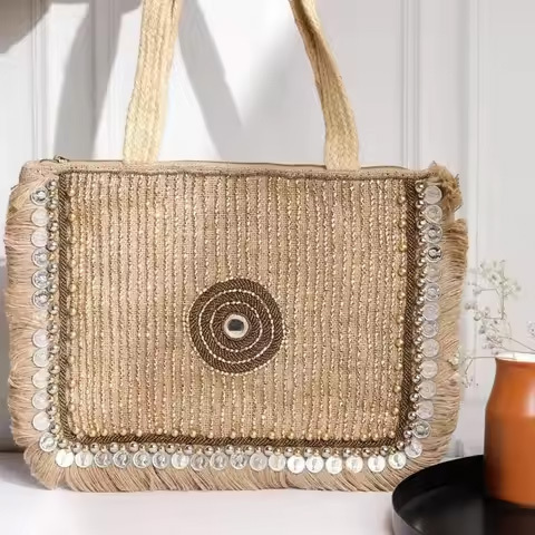 Most Selling Geometric Design Jute Tote Bag Strong Carry Bag for Fruit and Vegetable Market Available at Best Price