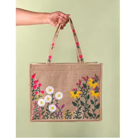 Top Quality Geometric Pattern Jute Tote Bag Reusable Bag for Bookstore and Stationery Store Customers Use at Good Price