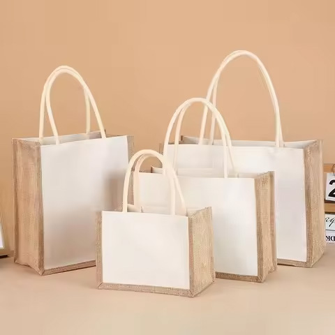 High Quality Printed Geometric Pattern Jute Tote Bag Eco Friendly Carry Bag for Retail Packaging Use Available at Export Pric