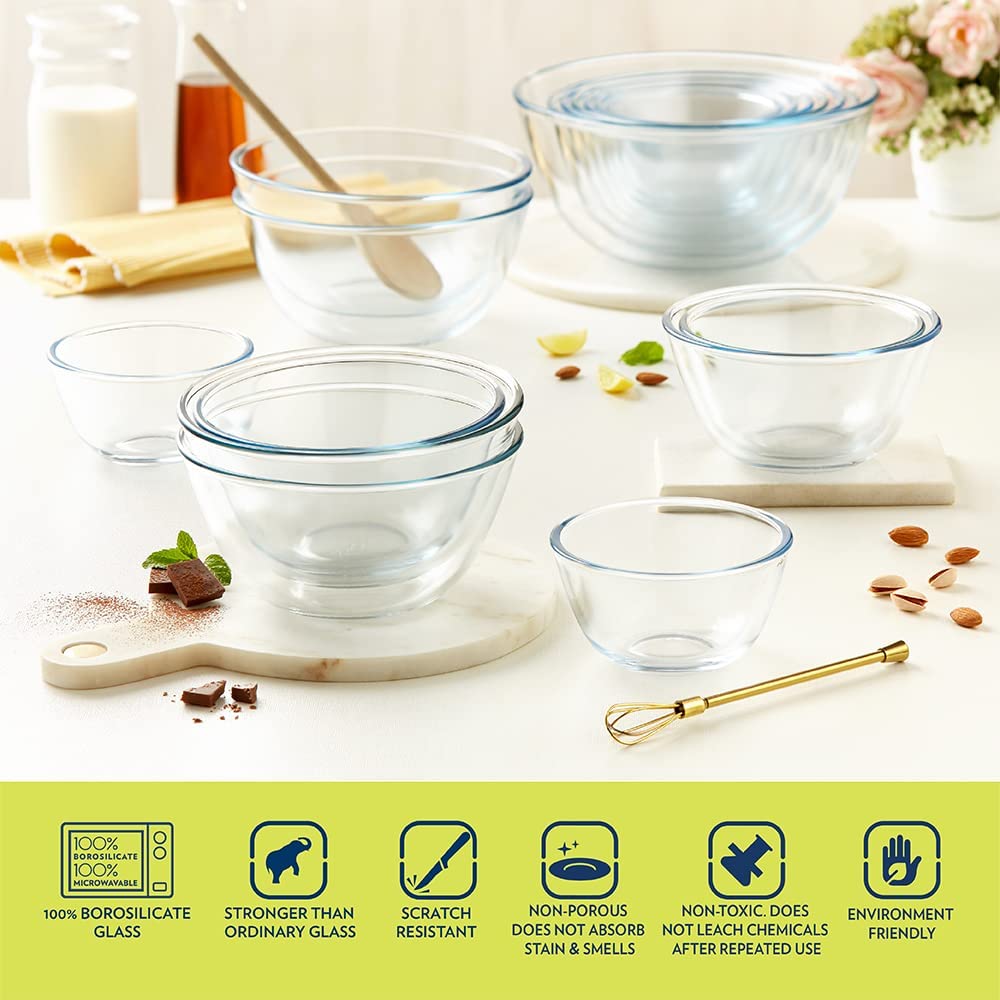 Borosil 500 ML Round Serving & Mixing Bowl with Lid | Made in India Borosilicate Glass Bowl for Kitchen & Dinning | Bowl for Mixing Dough, Salad, Batter | Microwave & Dishwasher Safe | Transparent BGFGBBWL0055