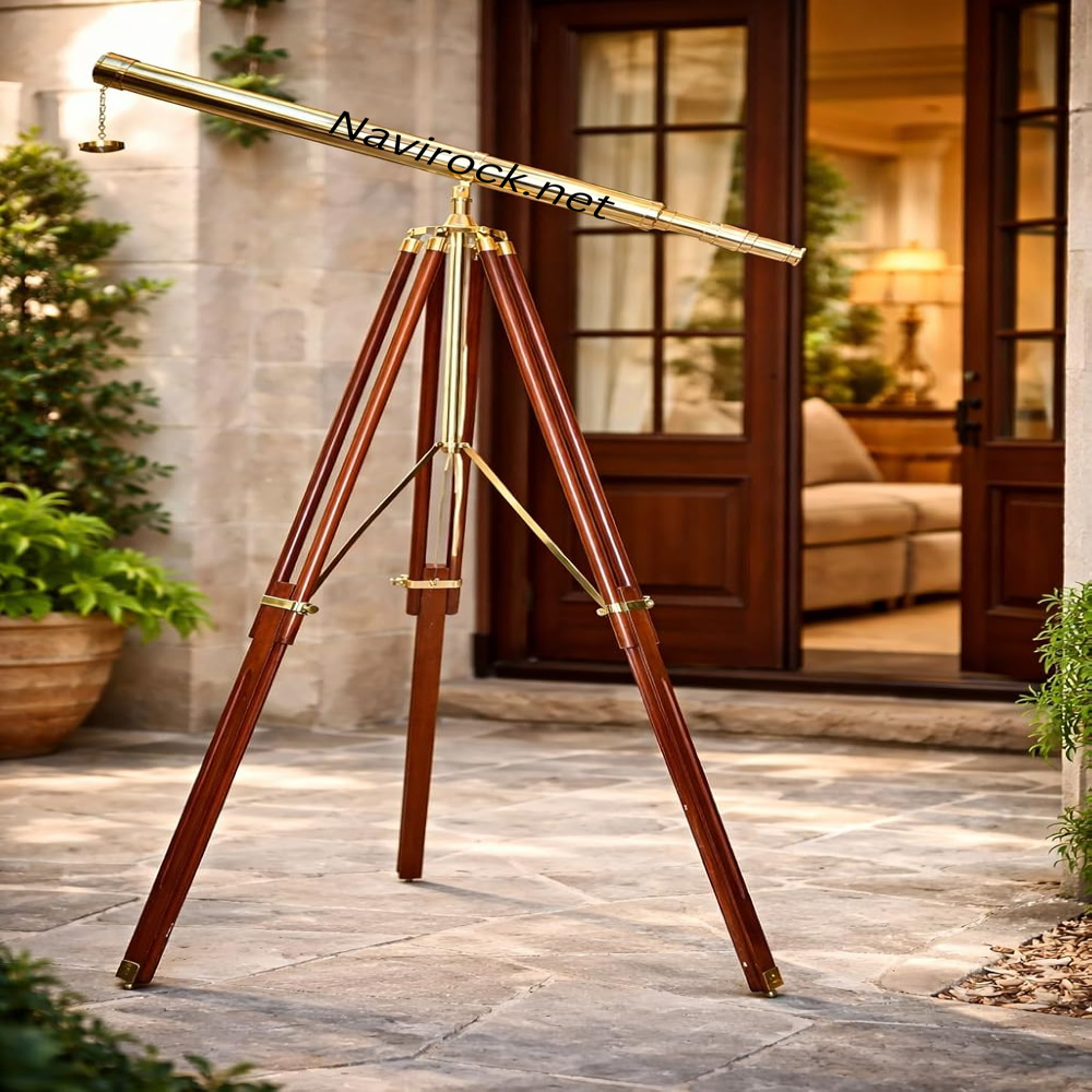 Vintage Nautical Navy Solid Brass Telescope with Brown Adjustable Wooden Tripod