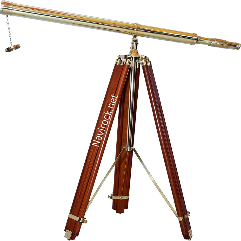 Vintage Nautical Navy Solid Brass Telescope with Brown Adjustable Wooden Tripod