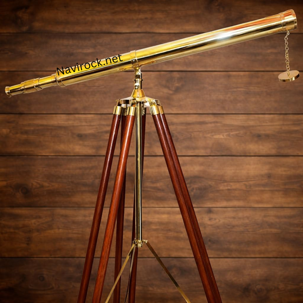 Vintage Nautical Navy Solid Brass Telescope with Brown Adjustable Wooden Tripod