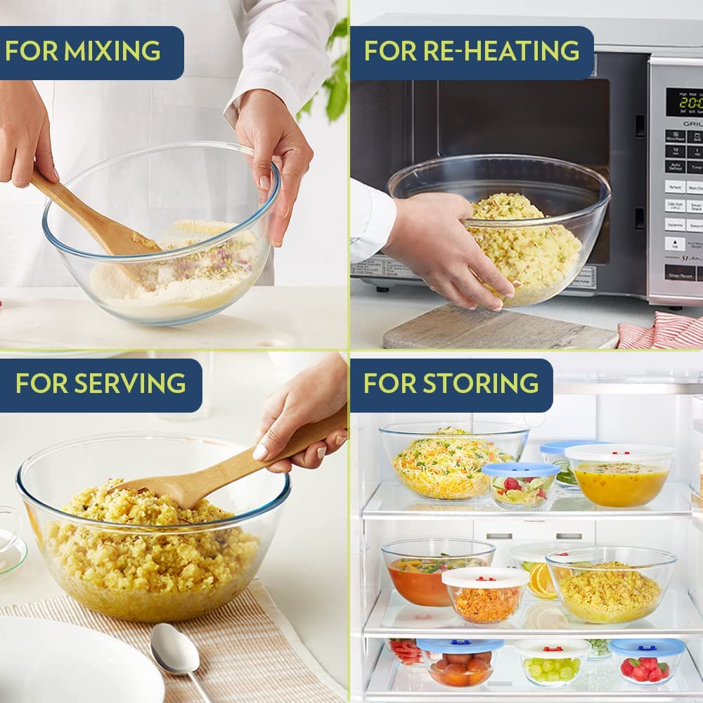 Borosil 1.5 L Serving & Mixing Bowl with Lid | Made in India Borosilicate Glass Bowl for Kitchen & Dinning | Bowl for Mixing Dough, Salad, Batter | Microwave & Dishwasher Safe Transparent  BGFGBBWL0056