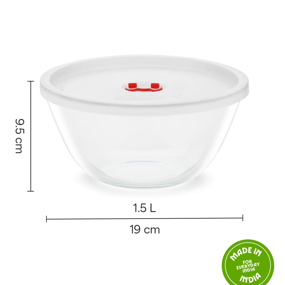 Borosil 1.5 L Serving & Mixing Bowl with Lid | Made in India Borosilicate Glass Bowl for Kitchen & Dinning | Bowl for Mixing Dough, Salad, Batter | Microwave & Dishwasher Safe Transparent  BGFGBBWL0056