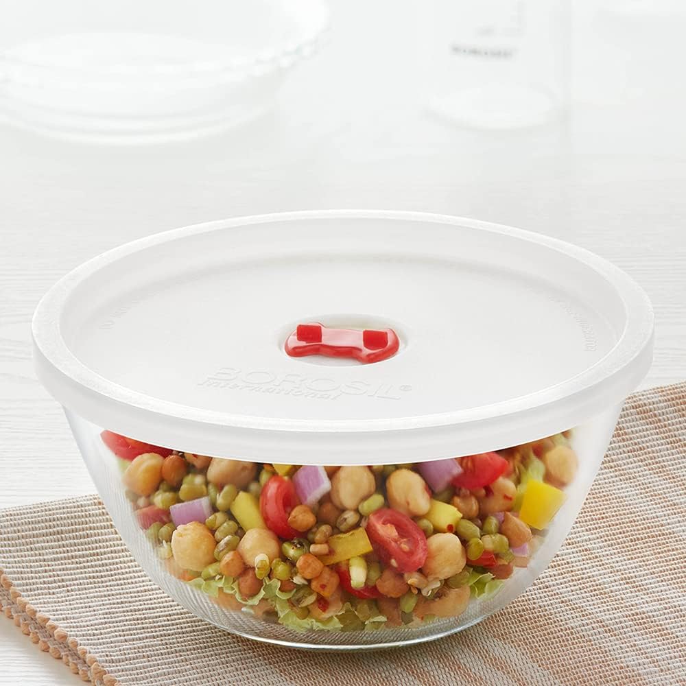 Borosil 1.5 L Serving & Mixing Bowl with Lid | Made in India Borosilicate Glass Bowl for Kitchen & Dinning | Bowl for Mixing Dough, Salad, Batter | Microwave & Dishwasher Safe Transparent  BGFGBBWL0056