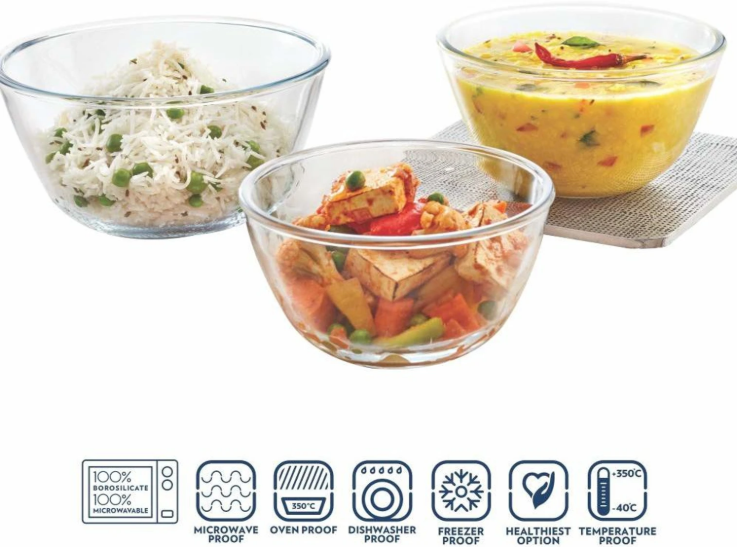 Borosil Glass Serving Bowl Glass Mixing Bowls Without Lid of capacity 500 ml, 900 ml, 1300 ml Pack of 3, Clear  IH22MB05913 / IH22MB05913GS