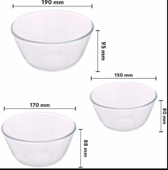 Borosil Glass Serving Bowl Glass Mixing Bowls Without Lid of capacity 500 ml, 900 ml, 1300 ml Pack of 3, Clear  IH22MB05913 / IH22MB05913GS