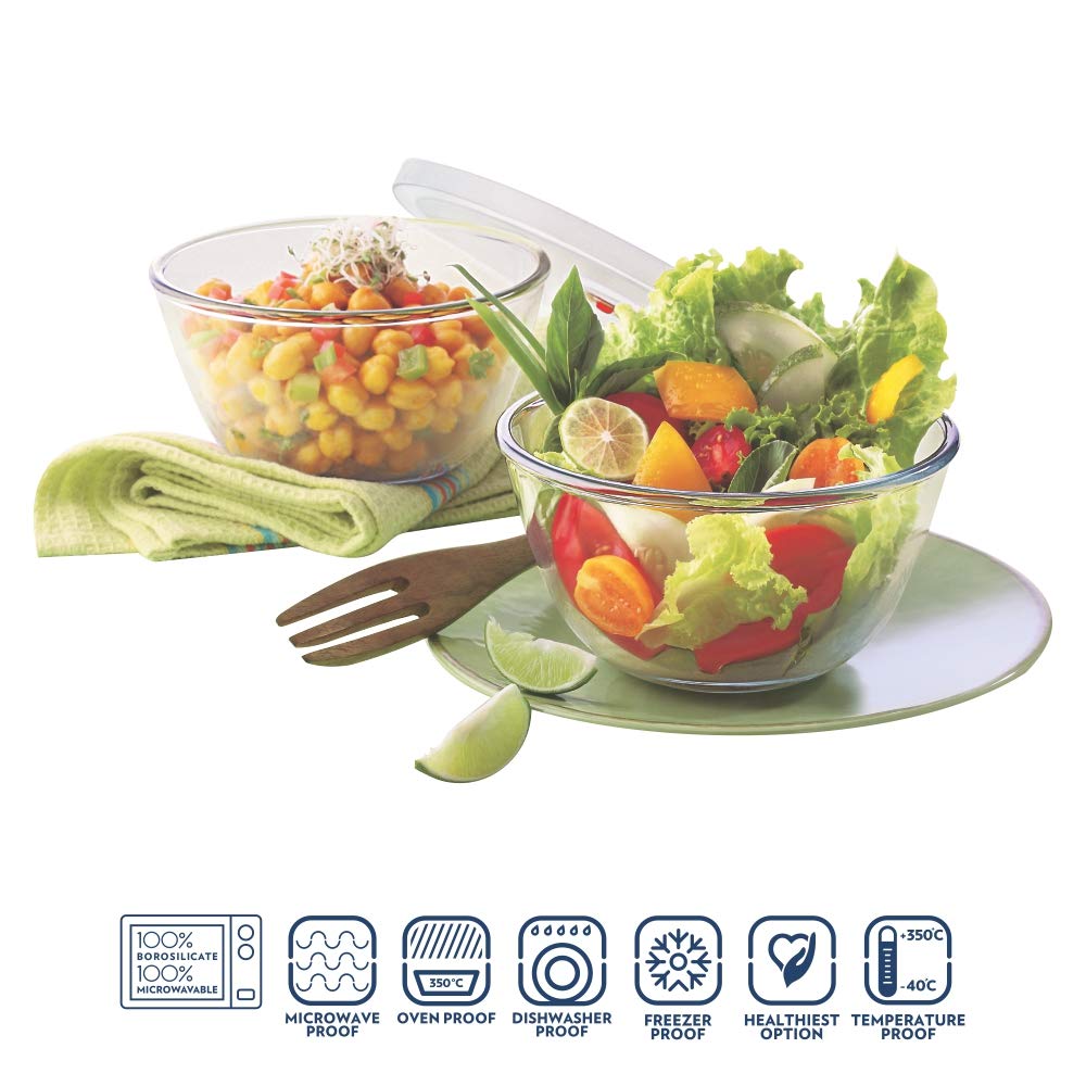 Borosil 750ml (2pc) Serving & Mixing Bowl with Lid Set | Made in India Borosilicate Glass Bowl for Kitchen & Dinning | Bowl for Mixing Dough, Salad, Batter | Microwave & Dishwasher Safe | Transparent BGFGBBWL0061