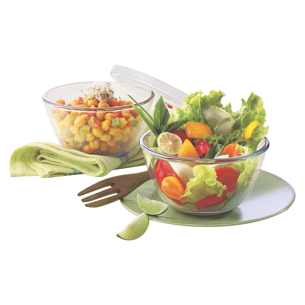 Borosil 750ml (2pc) Serving & Mixing Bowl with Lid Set | Made in India Borosilicate Glass Bowl for Kitchen & Dinning | Bowl for Mixing Dough, Salad, Batter | Microwave & Dishwasher Safe | Transparent BGFGBBWL0061