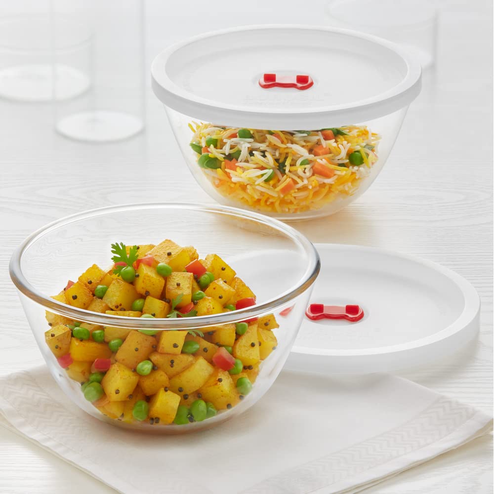 Borosil Glass Mixing & Serving Bowls with Lids, Oven & Microwave Safe Bowl, Set of 2 (1000 ml each), Borosilicate Glass, Clear  BGFGBBWL0059