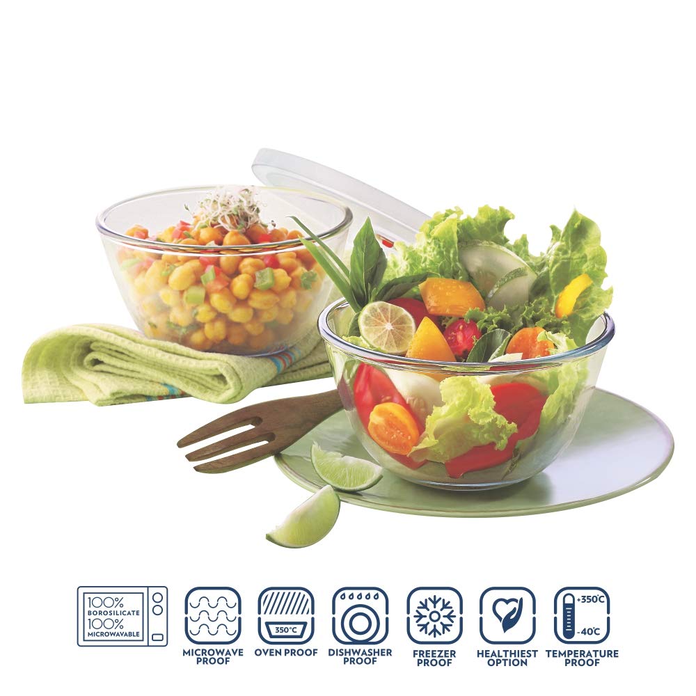 Borosil Glass Mixing & Serving Bowls With Lids, Oven & Microwave Safe Bowl, Set Of 2 (500 Ml Each), Borosilicate Glass, Clear Bgfgbbwl0060