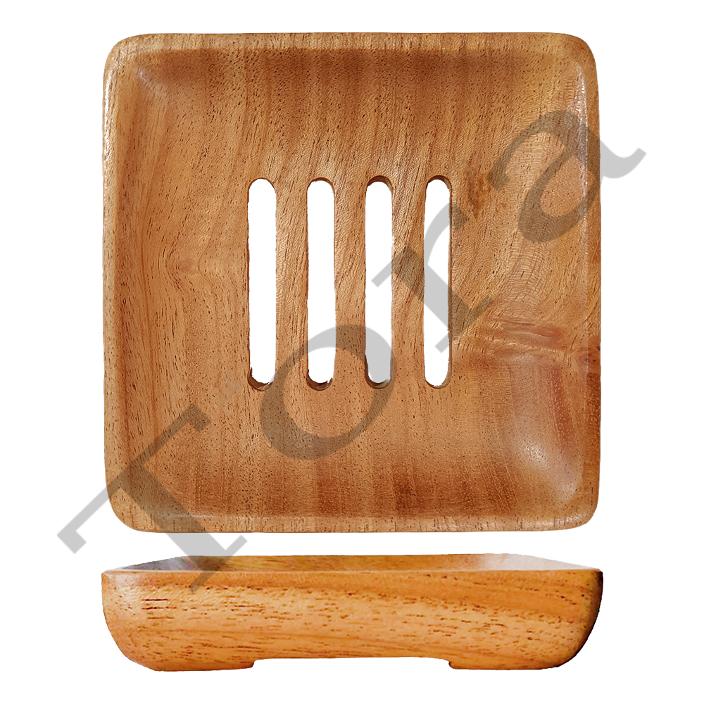 Tora Natural Neem Wood Soap Dish TCSD2010 - 12x12x2.5 cm, Light Brown, Handcrafted, Slotted Drainage, Antibacterial, Waterproof