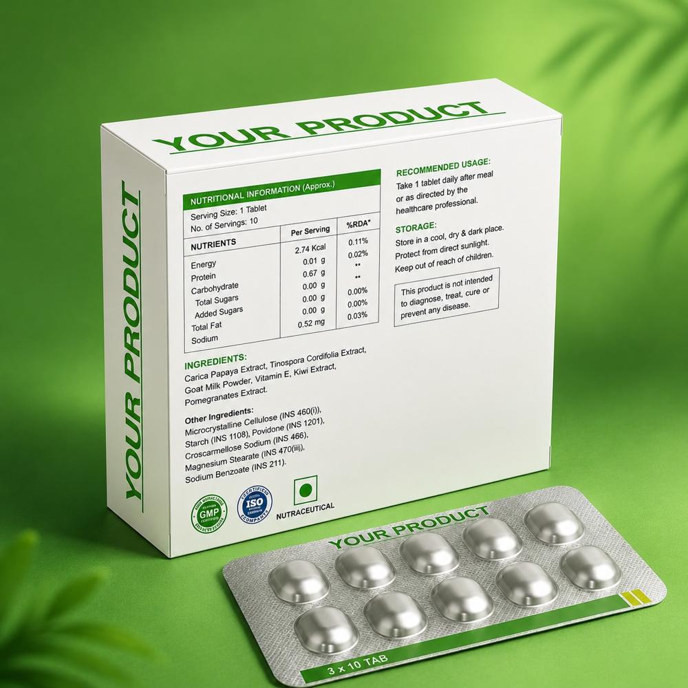Carica Papaya Extract, Giloy Extract, Goat Milk Powder, Kiwi Extract, Pomegranate Extract & Vitamin E Tablets