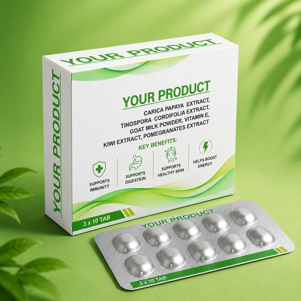 Carica Papaya Extract, Giloy Extract, Goat Milk Powder, Kiwi Extract, Pomegranate Extract & Vitamin E Tablets