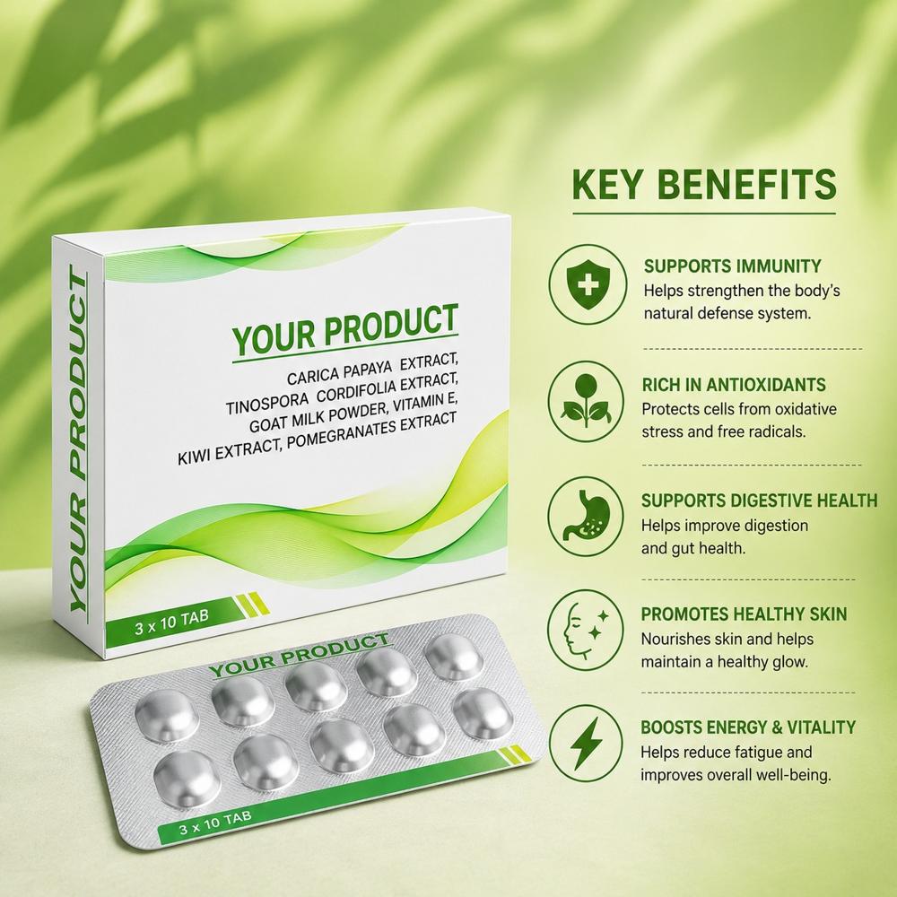 Carica Papaya Extract, Giloy Extract, Goat Milk Powder, Kiwi Extract, Pomegranate Extract & Vitamin E Tablets