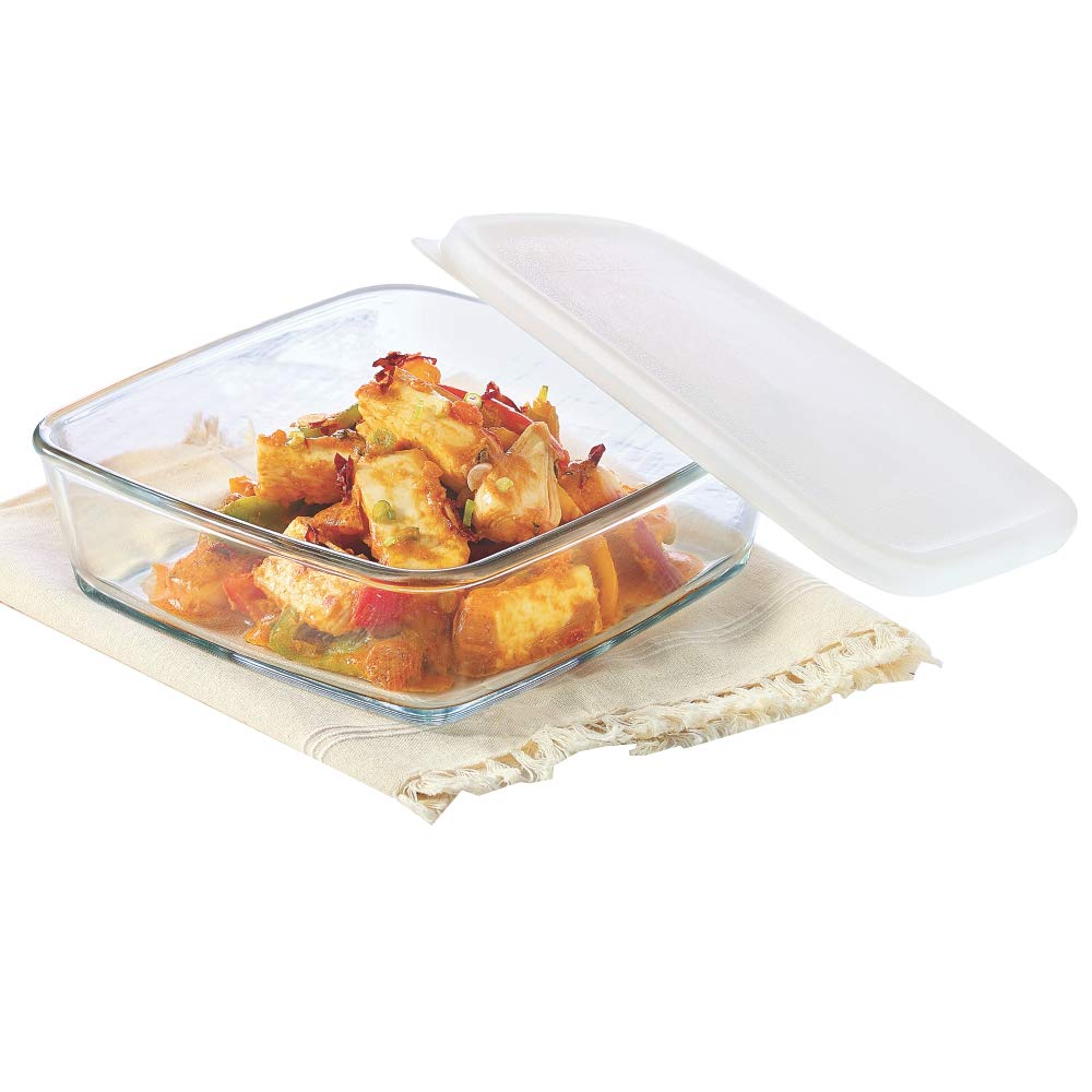Borosil 500ml Baking & Serving Square Shape Dish with White Lid | Borosilicate Glass Bakeware and Serveware Tray | Microwave, Oven & Dishwasher Safe Bowl | Transparent IH22DH14150