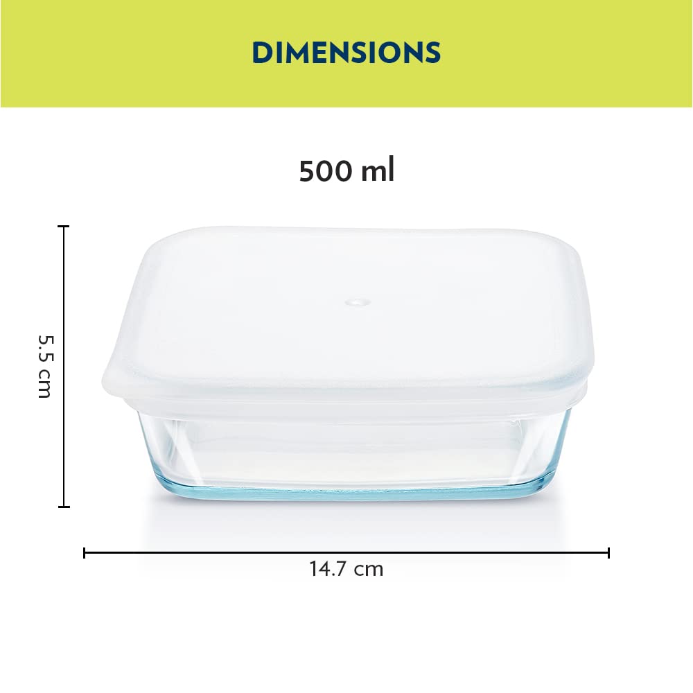 Borosil 500ml Baking & Serving Square Shape Dish with White Lid | Borosilicate Glass Bakeware and Serveware Tray | Microwave, Oven & Dishwasher Safe Bowl | Transparent IH22DH14150